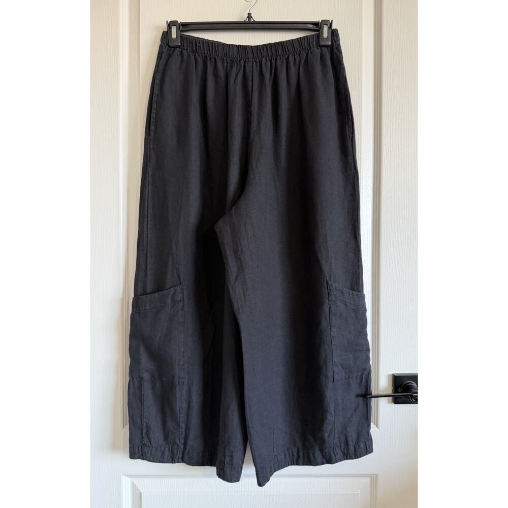 Bryn Walker 100% Linen Pants Women’s M Black Wide Leg Lagenlook Pull On Cropped - Picture 3 of 15